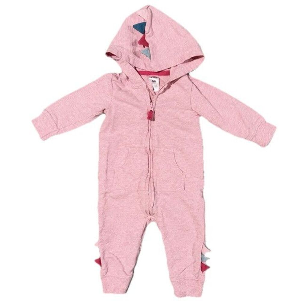 Carters 6M Pink Dino Baby Girl 100% Cotton Hooded Sweater Romper EUC 3-6M 6-9M